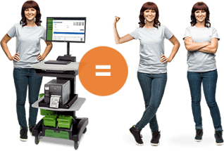 A woman standing next to a mobile packing and shipping station cart, positioned in an equal formula model