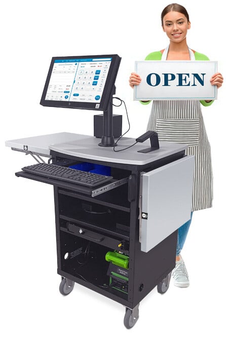 CheckMate 1000 Cart with Woman Holding an Open Sign
