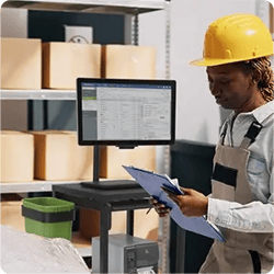 A warehouse worker using a clipboard beside a mobile workstation