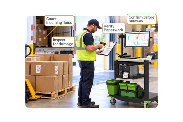 Warehouse worker using a mobile powered workstation to verify paperwork, inspect packages for damage, and confirm incoming inventory during the warehouse receiving process. Warehouse worker using a mobile powered workstation to verify paperwork, inspect packages for damage, and confirm incoming inventory during the warehouse receiving process.