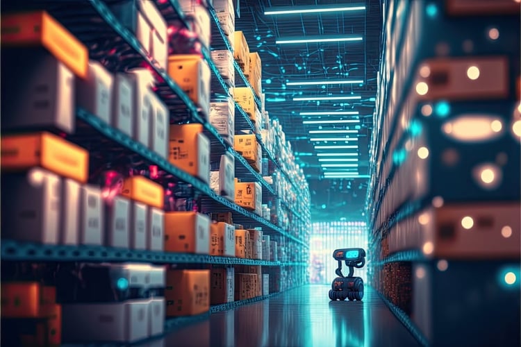 Robot or cybrog working in warehouse