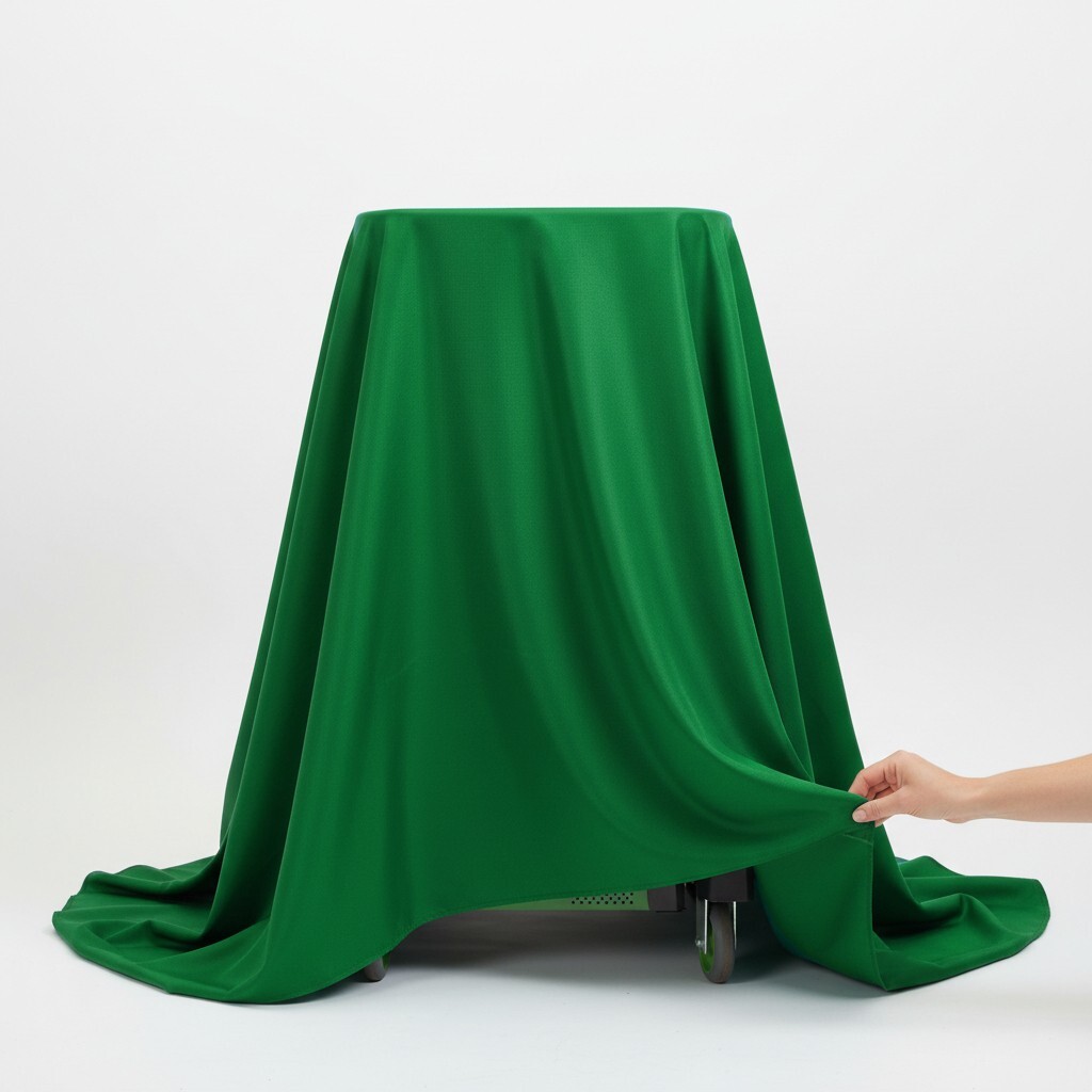 A hidden mobile powered cart covered in a draped green sheet.