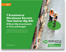 Graphic titled "7 Ecommerce Warehouse Secrets That Deliver Big ROI Without Big Investments" featuring two workers in a warehouse aisle