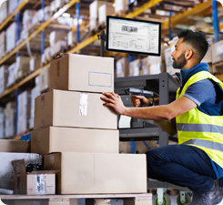 Warehouse worker using a handheld device to scan boxes in a warehouse, featuring ecommerice mobile computer cart