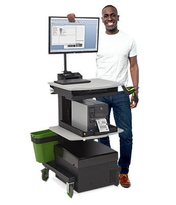 Man smiling standing next to a Mobile Computer Workstation