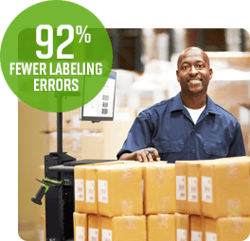 Man smiling and positioned behind a stack of boxes	