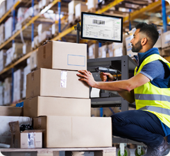 Employee working in a warehouse using a mobile computer retail cart