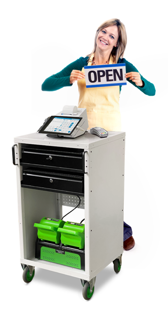 Woman holding an open sign next to a mobile computer retail cart