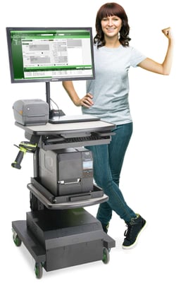 A woman standing next to a mobile workstation 