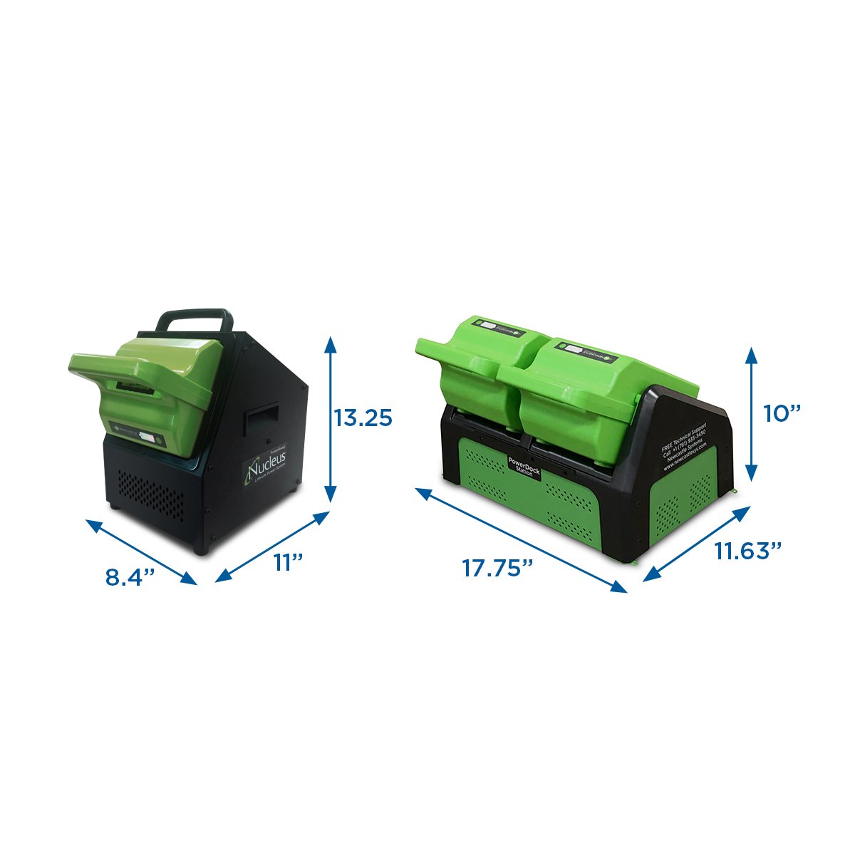 Side-by-side comparison of two Powerswap Nucleus Lithium Battery Power Stations, highlighting their varying sizes and dimensions