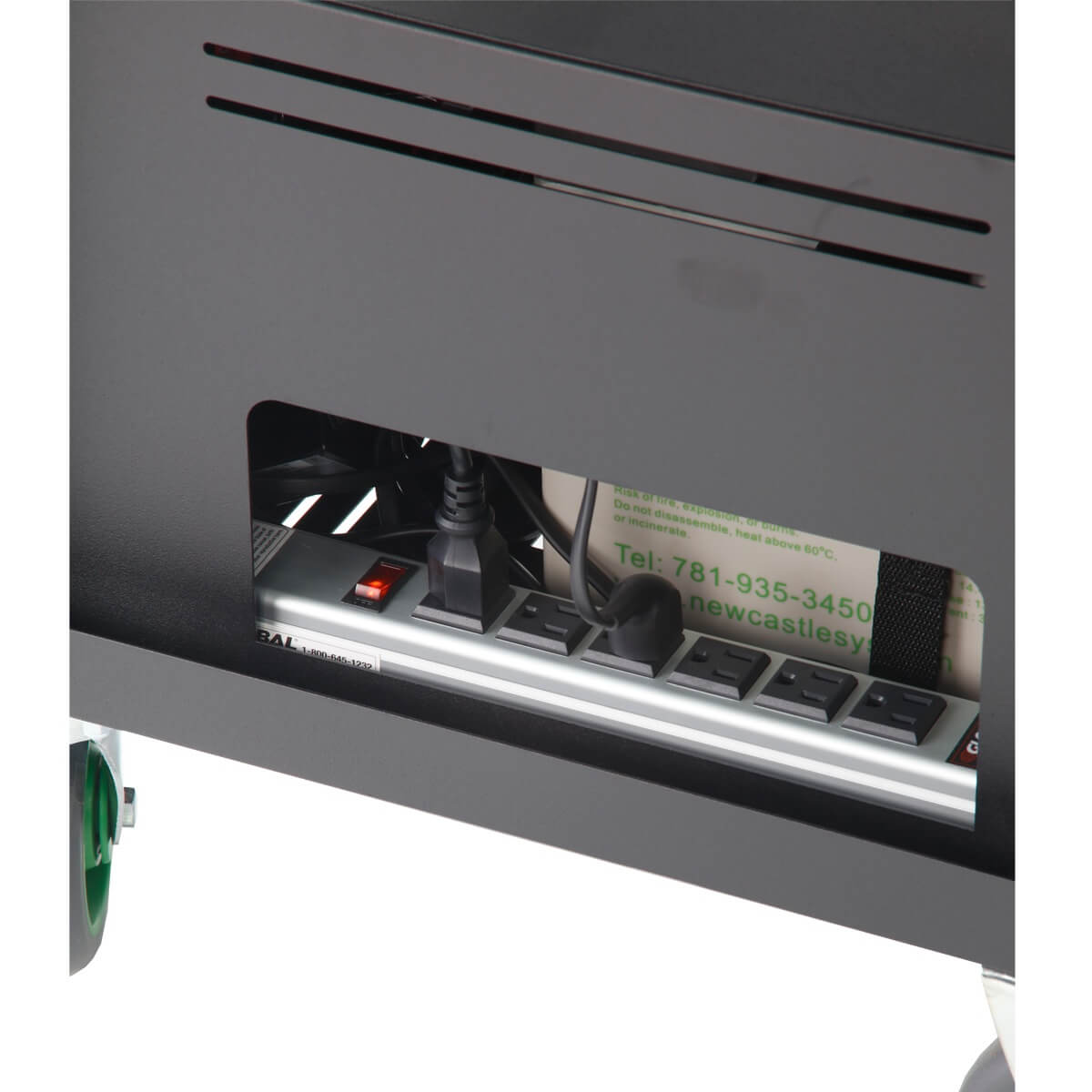 Close up image of a power strip attached to a Compact Mobile Computer Cart