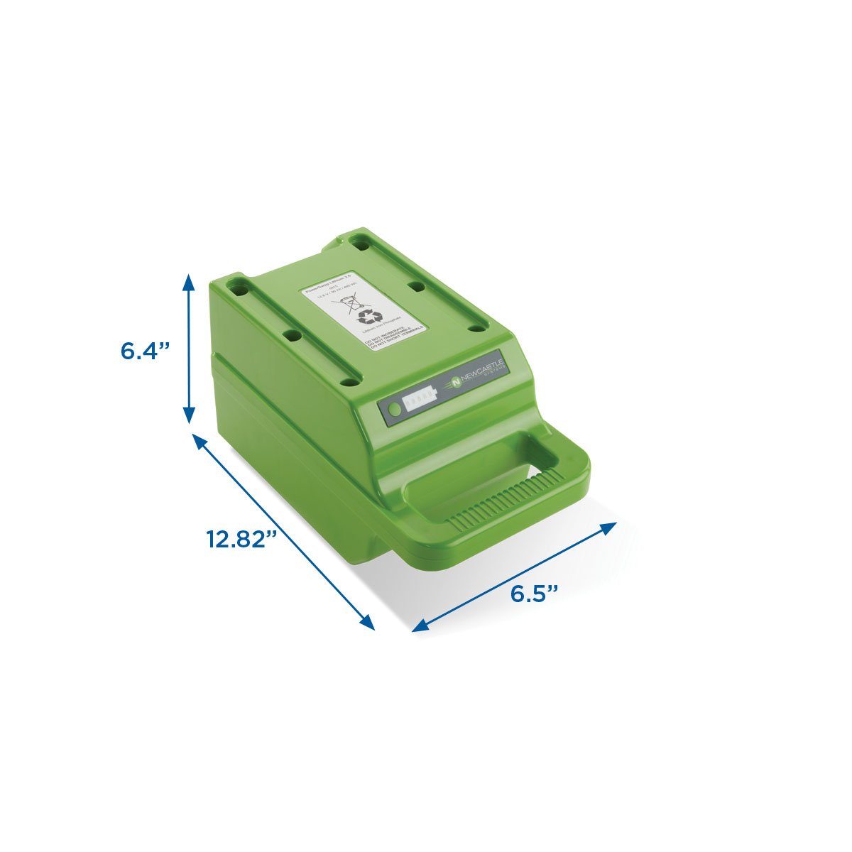 Single Powerswap Nucleus Lithium Battery displayed with dimensions