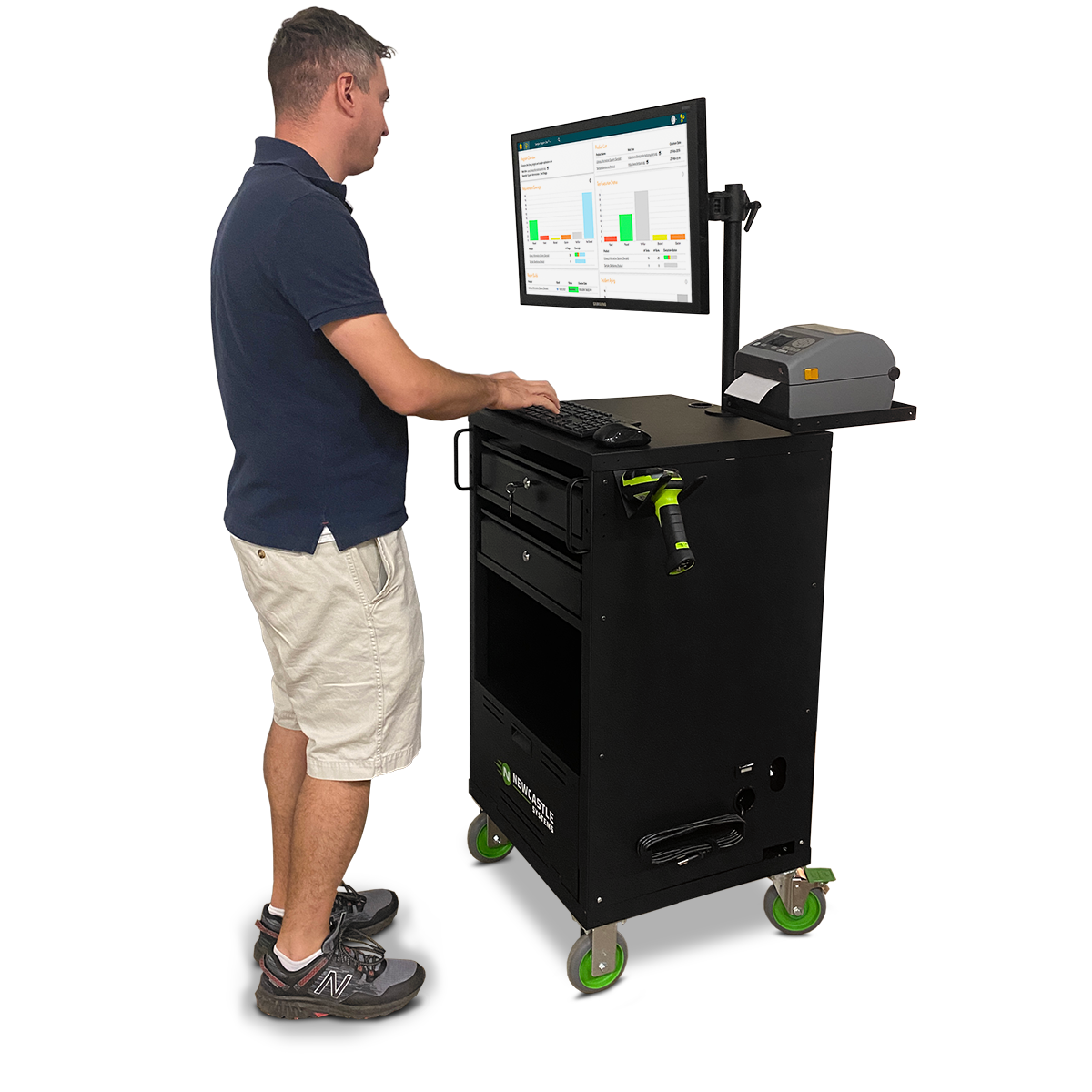 Warehouse worker using QC Mobile Work Cart 