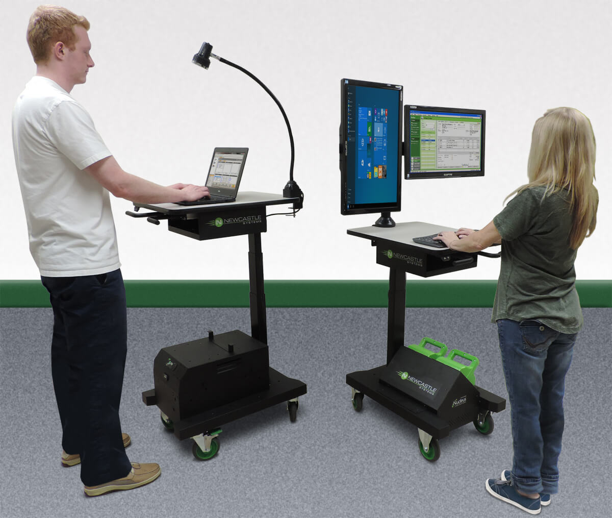 Man and woman standing while using  Ergonomic Industrial Computer Cart